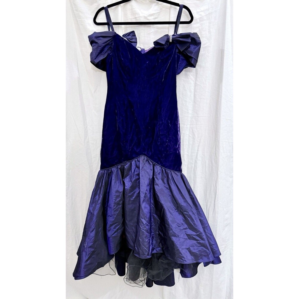VTG Zum Zum Purple Velvet Prom Gown 80s Bow Goth Formal Party USA EUC Drop Waist